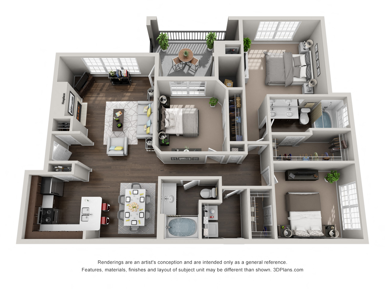 Floor plan for 3 beds, 2 baths, 1362 sqft